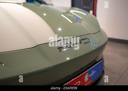Parte della nuova Sage Green BYD Seal Electric Car, SUV produttore cinese in Studio, Elegance Vehicle in showroom, Innovation in Automotive Industry Show Foto Stock