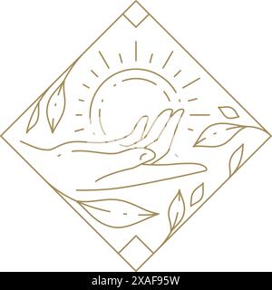 Elegante palma umana che regge la luce del sole della natura fioritura botanica immagine vettoriale dell'icona della linea della cornice quadrata. Primavera romantica a mano ecologia biologica Illustrazione Vettoriale