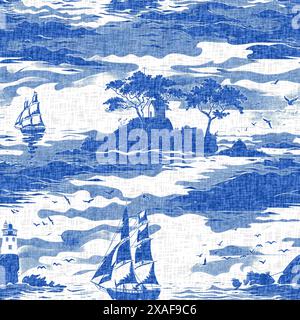 Barca a vela costiera in azzurro sfondo blu oceano senza cuciture. Moderna stampa a blocchi per barche da regata a vela per tessuti decorativi per interni Coast Foto Stock
