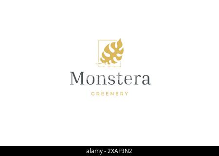 Modello di design con logo retrò geometrico a foglia di monstera dorato per un'illustrazione piatta vettoriale di gioielli e bellezza alla moda. La pianta naturale lascia opere d'arte di prima qualità Illustrazione Vettoriale
