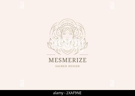 Ritratto donna alla moda antica con foglie ornamento floreale modello di disegno con logo minimale line art illustrazione vettoriale. Antica dea bella donna Illustrazione Vettoriale