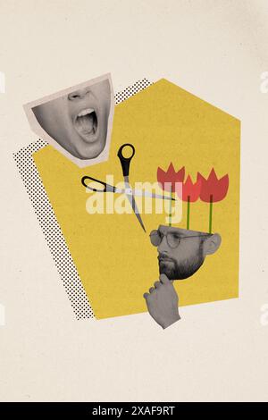 Immagine di collage composito di teste parlanti argomento psicoterapia coppia fiori recisi fioritura tabellone fumetti zine minimale Foto Stock