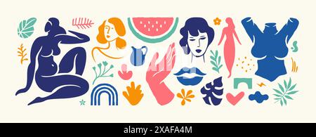 Figure femminili Matisse ispirate allo stile contemporaneo in uno stile minimal alla moda con elementi di design. Collage vettoriale di corpi femminili e creativi Illustrazione Vettoriale