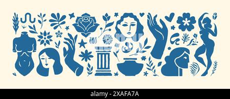 Figure femminili Matisse ispirate allo stile contemporaneo in uno stile minimal alla moda con elementi di design. Collage vettoriale di corpi femminili e creativi Illustrazione Vettoriale