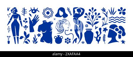 Figure femminili Matisse ispirate allo stile contemporaneo in uno stile minimal alla moda con elementi di design. Collage vettoriale di corpi femminili e creativi Illustrazione Vettoriale