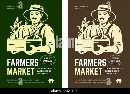 Mercato degli agricoltori locale evento di alimenti biologici sani annunciano il poster vintage set isometrico vettoriale. Agricoltore maschio con cassa piena di V Illustrazione Vettoriale