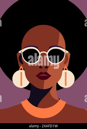 Nero africano moda donna pastello pittura colore ritratto minimale contemporaneo poster vettoriale piatta. Afro elegante testa femminile forte etnica h Illustrazione Vettoriale