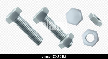 Illustrazione vettoriale isometrica bullone in acciaio e dado esagonale isolati su sfondo bianco. Icona realistica di bulloni e dadi in acciaio inox 3D. viti-dadi e bullone Illustrazione Vettoriale