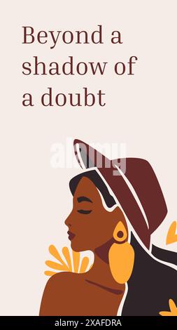 Moda boho donna africana ritratto frase ispiratrice poster dei social media illustrazione piatta vettoriale. Bellissima afro femminile con elegante cappello estivo boh Illustrazione Vettoriale