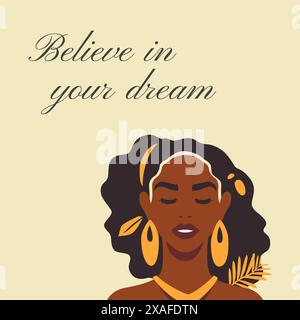 Boho donna africana ritratto di bellezza frase motivazionale social media post modello immagine vettoriale piatta. Gioielli tribali femminili etnici afro neri fa Illustrazione Vettoriale
