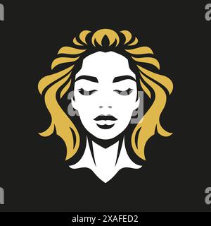 Bella donna viso capelli dorati moda minimalista logo per la cura della pelle vettoriale illustrazione piatta. Elegante silhouette verticale femminile su blac Illustrazione Vettoriale