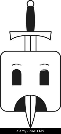 Emoji tristi astratta al quadrato Y2K con una spada antica linea monocromatica icona scanalata retrò illustrazione vettoriale. Sconvolgi il personaggio dei cartoni animati emoticon con la nitida A. Illustrazione Vettoriale