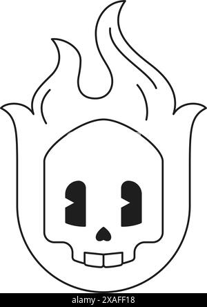 Y2K fuoco teschio fiammeggiante Halloween rock elemento cartoni animati trendy linea monocromatica retro icona scanalata illustrazione vettoriale. Testa scheletrica con materiale infiammabile Illustrazione Vettoriale