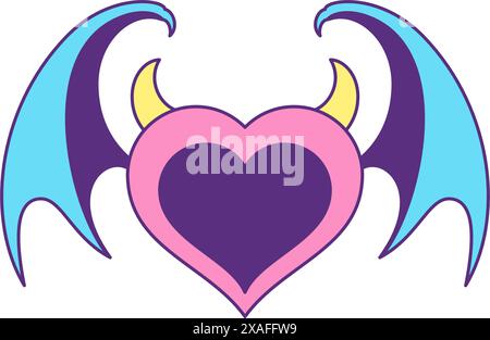 Y2K Evil Vampire bat Heart con corna e ali iconica vettoriale alla moda in stile gotico. Anti San Valentino e Love elemento fumettistico a fumetti Illustrazione Vettoriale
