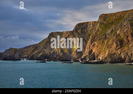 La luce del tramonto brilla di aspre scogliere a Hartland Quay, nel nord del Devon, in Gran Bretagna. Foto Stock