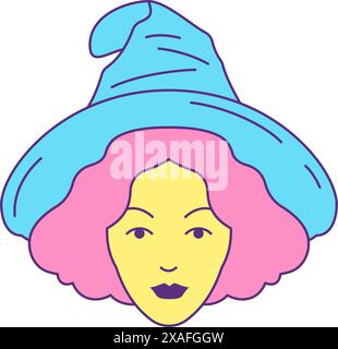 Y2K donna strega Halloween maga in cappello ritratto cartone animato stile gotico icona vettoriale piatta. Il personaggio fantasy mago femminile Face Illustrazione Vettoriale