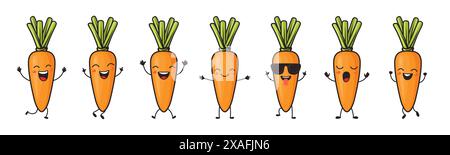 Flat Vector Cartoon personaggio carino e divertente della carota. Ballare, sorridere, felice, cantare carota con volti ed emozioni diversi. Icona carota, Logo Illustrazione Vettoriale