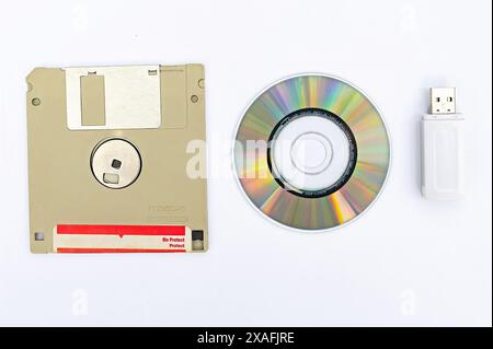 Archiviazione dati elettronica retrò vintage, memoria esterna in computer Organization, dispositivi da 80, 90, cd, unità flash. Bianco isolato Foto Stock