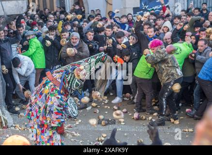 Caceres, Spagna - 20 gennaio 2024: Jarramplas Festival of Piornal, Caceres, Spagna. Tradizionale festa del lancio di rape Foto Stock