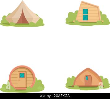 Le icone Glamping impostano il vettore dei cartoni animati. Comoda tenda antiglamping diversa. Viaggio, riposo e avventura Illustrazione Vettoriale