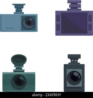 Le icone del videoregistratore consentono di impostare il vettore dei cartoni animati. dvr auto. Tecnologia moderna Illustrazione Vettoriale