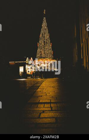 Un grande albero di Natale illuminato nel centro di un festoso mercatino di Natale tedesco di notte Foto Stock