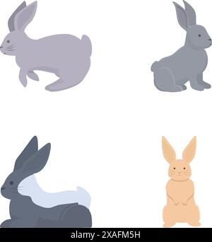 Collezione di simpatici conigli illustrati in varie pose su uno sfondo semplice, adatto per i disegni dei bambini Illustrazione Vettoriale