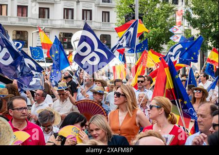 Politica 2024: PP cerimonia di chiusura della campagna elettorale per il Parlamento europeo i militanti del PP visti durante la cerimonia di chiusura della campagna elettorale del Partito Popolare per le elezioni del Parlamento europeo del 6 giugno 2024 a Madrid, Spagna. Madrid Plaza del Callao Madrid Spagna Copyright: XAlbertoxGardinx AGardin Pol EE PP 002 Foto Stock