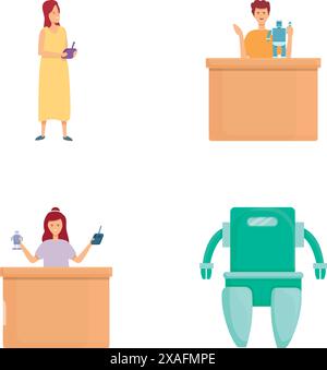 Set illustrativo con un team diversificato di professionisti e un robot, isolato sul bianco Illustrazione Vettoriale
