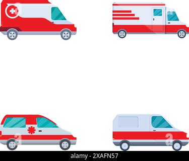 Raccolta di quattro illustrazioni vettoriali raffiguranti diversi stili di furgoni di servizio medico di emergenza Illustrazione Vettoriale