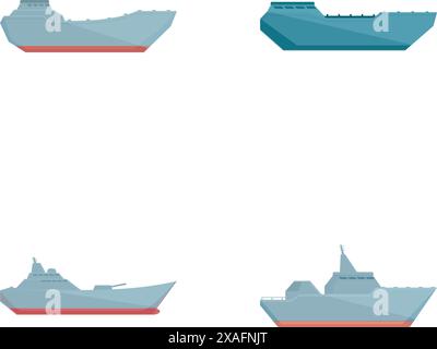 Raccolta di quattro moderne navi marittime, tra cui navi da guerra e navi da carico, isolate su sfondo bianco Illustrazione Vettoriale