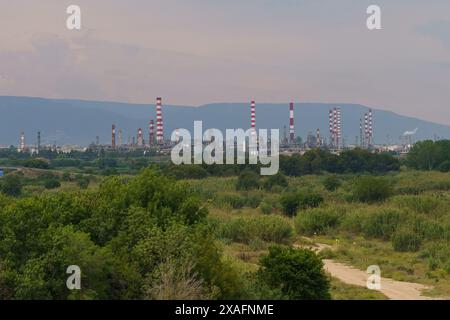 Una vista di un grande complesso industriale con camini a righe rosse e bianche adagiati su una lussureggiante foresta verde e una catena montuosa in lontananza. Foto Stock