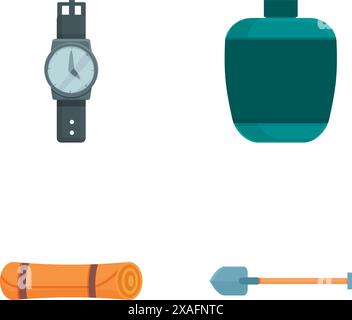 Collezione di icone piatte con avventure all'aperto e attrezzature da campeggio Illustrazione Vettoriale