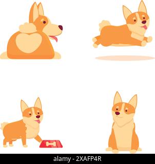 Collezione di quattro adorabili corgi cartoni animati in diverse pose giocose e riposanti Illustrazione Vettoriale