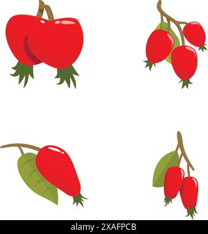 Collezione di illustrazioni con diversi stili di rosehips rosso maturo Illustrazione Vettoriale