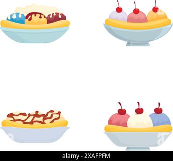 Collezione di illustrazioni assortite di dessert con dolci e dolci in una varietà di deliziosi dessert, tra cui gelati, torte, pasticcini e molto altro Illustrazione Vettoriale