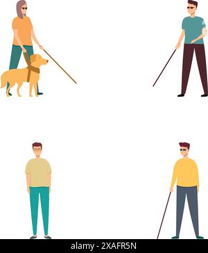 Raccolta di illustrazioni vettoriali che mostrano un cieco con un cane guida e un bastone in varie pose Illustrazione Vettoriale