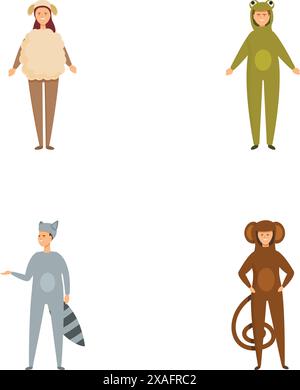Collezione di quattro persone vestite con simpatiche tute di animali in stile cartoni animati Illustrazione Vettoriale