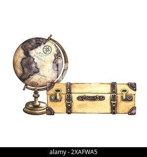 Una valigia vintage e un globo. Viaggia in tutto il mondo. Illustrazione ad acquerello disegnata a mano in stile retrò. Isolarlo. Per banner, volantini, poster Foto Stock