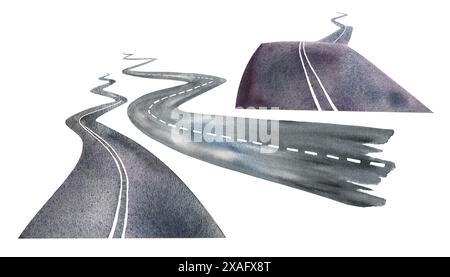 Strada asfaltata. Le illustrazioni sotto forma di clipart sono fatte a mano in acquerello. Ci sono molte autostrade tortuose. La strada si apre in perspectiv Foto Stock