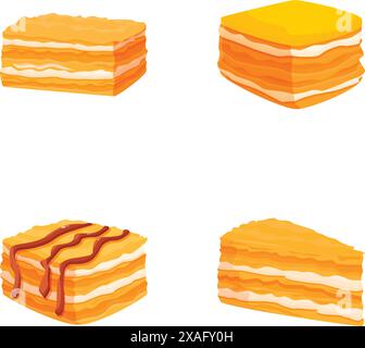 Vivace set di quattro illustrazioni di torta a strati in stile cartoni animati, perfetto per disegni a tema dessert Illustrazione Vettoriale