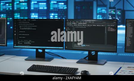 Righe di codice in esecuzione sugli schermi dei computer nel data center, utilizzate per la risoluzione dei problemi di montaggio in rack nelle righe dei server. Primo piano dello script che lavora sui monitor dei PC che aggiornano l'hardware Foto Stock