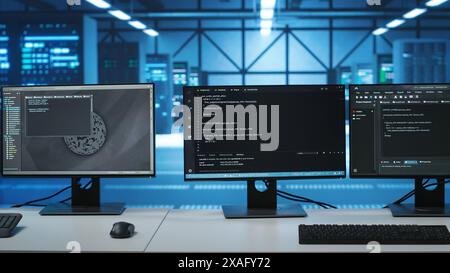 Codice in esecuzione sugli schermi dei computer in uno spazio di lavoro vuoto del data center, utilizzato per la risoluzione dei problemi relativi ai montaggi su rack. Primo piano dello script che lavora sui monitor dei PC desktop che aggiornano i sistemi mainframe nella sala server Foto Stock