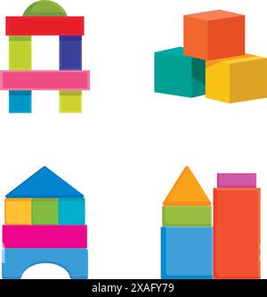 Collezione di blocchi di giocattoli colorati disposti in varie forme isolati su bianco Illustrazione Vettoriale