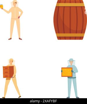 Illustrazioni dei dipendenti del birrificio che detengono birra, trasportano casse e presentano formaggio Illustrazione Vettoriale