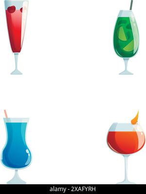 Collezione di quattro vivaci cocktail grafici in vari bicchieri, isolati su bianco Illustrazione Vettoriale