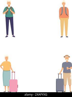 Collezione di quattro personaggi di cartoni animati anziani pronti per l'avventura con i bagagli Illustrazione Vettoriale