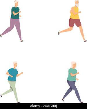 Collezione di illustrazioni con uomini anziani impegnati nella corsa o nel jogging, che mostrano uno stile di vita sano Illustrazione Vettoriale