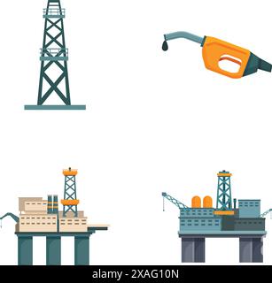 Set di quattro icone vettoriali che rappresentano le apparecchiature di estrazione e lavorazione dell'olio Illustrazione Vettoriale