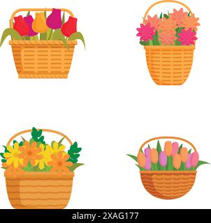 Collezione di quattro cesti di fiori illustrati luminosi e allegri, perfetti per temi primaverili e giardinaggio Illustrazione Vettoriale